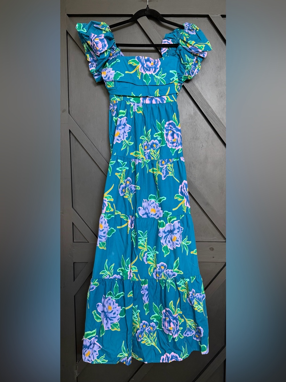 Peach Love Teal Tiered Maxi Dress with Puff Sleeves in Purple Floral, Small - Picture 5 of 11
